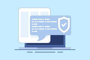 internet security concept, laptop security message speech bubble, shield check mark icon, privacy, online protection, flat cartoon, antivirus sign. flat illustration on background. vector