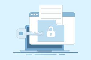 Privacy protection concept, using cyber security services to protect documents and personal data. Cloud based shared documents, secure files and folders. Flat Cartoon Illustration on background. vector