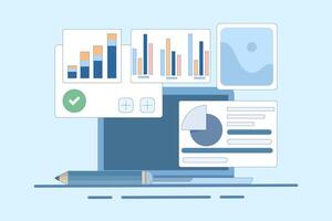 Data Analysis Concept, Creating New Ideas. Business Analysis. Data analysis, audit with mobile app. Digital document research with graphs on device screen. Flat illustration on background. vector