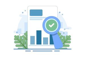 Financial Statement Analysis Concept, data analysis on business report and investment monitoring dashboard. Business Financial Flowchart Report with Magnifying Glass. Flat Design illustration. vector