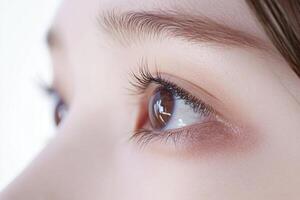 Stunning closeup of a Japanese woman, striking brown eyes, delicate skin, and a unique mole against a minimalist backdrop photo