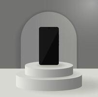 Smartphone showcase. Minimal display of a black smartphone on a modern pedestal with soft lighting, ideal for product presentation or advertising vector