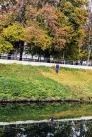Nitra, Slovakia - 11.18.2024 A municipal worker cuts the grass using power tool string lawn trimmer on the banks of the Nitra river. photo