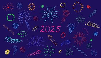 Firework, spiral, circles chalk kid drawings set, brush strokes texture, illustration isolated on dark background. vector