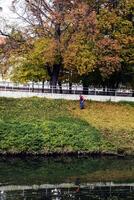 Nitra, Slovakia - 11.18.2024 A municipal worker cuts the grass using power tool string lawn trimmer on the banks of the Nitra river. photo