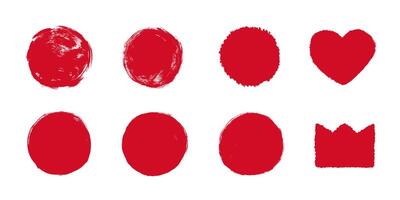 Red round stamp, heart and crown, hand drawn grunge shapes set, texture button isolated on white background vector