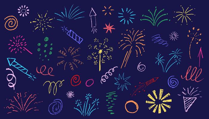 Firecracker, spiral, circles chalk kid drawings set, brush strokes texture, illustration isolated on dark background.