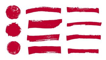 Red brush strokes set, grunge blobs, japanese paint. Distress texture buttons and banners. vector