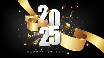 Happy New Year 2025 with ribbons and confetti on dark background vector