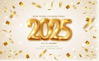 Happy New Year 2025 Golden numbers with gold confetti on white background vector