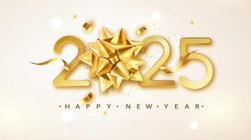 2025 Happy New Year Background with Golden Gift Bow and Confetti. vector