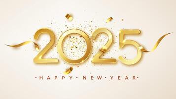 Happy new year 2025. Golden numbers with ribbons and confetti on white background vector