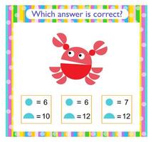 Math activity for kids. Need to find the correct answer. Cartoon penguin. vector
