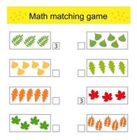 Math matching game for kids. Count leaves and match the same. Preschool worksheet activity. vector