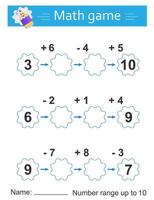 Math game for kids. Preschool worksheet activity. Number range up to 10. Printable worksheet vector