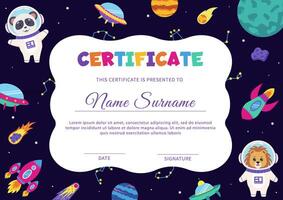 Certificate with space elements and animals astronauts. Space concept. vector