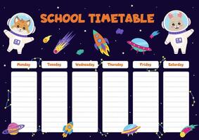 Space animals. School timetable with space elements and animals astronauts. vector