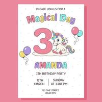 Unicorn invitation. Birthday party invitation card with unicorn and birthday anniversary number. vector