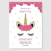 Unicorn birthday party invitation, greeting card. Invitation with unicorn elements and roses. vector