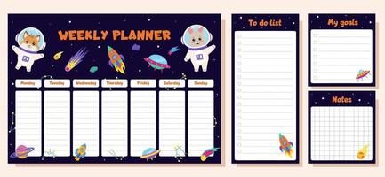 Space animals. Set of weekly planner, to do list, goals and notes. Set with space elements and animals astronauts. vector