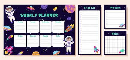 Space set of weekly planner, to do list, goals and notes. Set with space elements and children astronauts. vector
