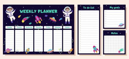 Weekly planner, to do list, goals and notes. Set with space elements and children astronauts. vector