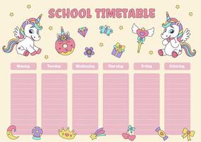 Unicorn school timetable. Timetable with magic elements and unicorns. vector