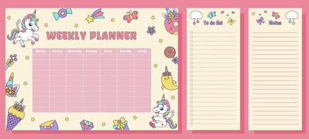 Unicorn set of weekly planner, to dolist and notes. Planners with magic elements and unicorns. vector