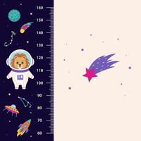 Space animals. Height chart for children with space elements and animal astronaut lion. vector
