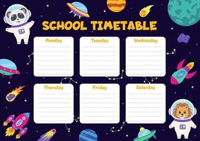 School timetable with space elements and animals astronauts. Space concept. vector