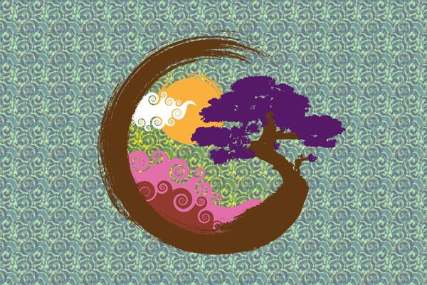 Japanese landscape on Enso Zen Circle, Bonsai Tree and big red sun, hand-drawn with colorful ink in traditional oriental style sumi-e, logo design in Paint Brush art design, vintage background
