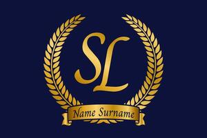 Initial letter S and L, SL monogram logo design with laurel wreath. Luxury golden calligraphy font. vector