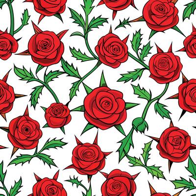 seamless pattern with red roses and leaves