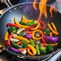 Chef preparing stir fry vegetables in wok with flames photo