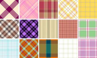 A fashionable set of plaid textile patterns with geometric squares and stripes, perfect for creating trendy clothes or decorative wallpapers. vector