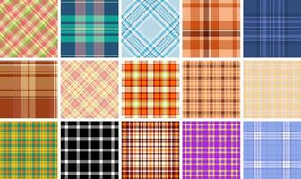 Plaid fabric designs with square checks and horizontal stripes, perfect for rustic fashion, celtic patterns, and classic British textiles. vector