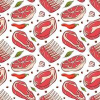 Seamless pattern with different meat cut steak, rib and chop in a flat style. Perfect for food packaging, background, butcher shop design and restaurant menu. vector