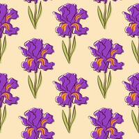 Seamless pattern with iris in flat style. Spring floral print, decorative botanical background with hand drawn flower. vector