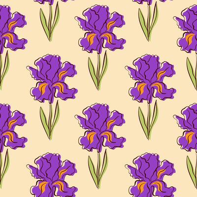 Seamless pattern with iris in flat style. Spring floral print, decorative botanical background with hand drawn flower.