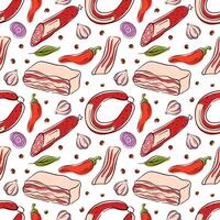 Seamless pattern of meat product sausage, bacon and salami in flat style. Ideal for food branding, butcher shop design and restaurant menu. vector