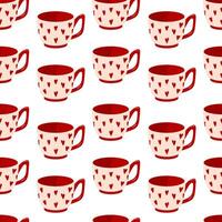 Seamless pattern with mug with heart in flat style for Valentine Day. Colorful cup on white background for coffee, tea, beverage. Design for web, textile, print, packaging. vector