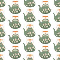 Vintage tea porcelain seamless pattern in flat style. Background with teapot for wallpaper, pattern fill, web page, surface texture. vector