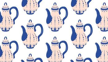 Seamless retro kettle pattern in flat style. Background for paper, packaging, fabric, menu, cafe, bakery, tea party, card design. vector