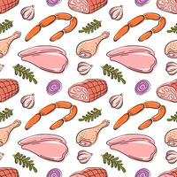 Seamless pattern of different meat cut chicken, sausage and ham in flat style. Perfect for food packaging, restaurant branding and culinary menu. vector