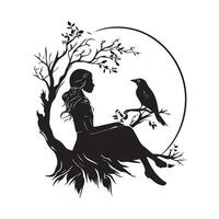 Silhouette girl sits in a branch of tree with a raven image isolated on white background vector