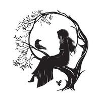 girl sits in a branch of tree with a raven image isolated on white background vector