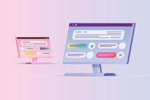 Computer with open pages concept of creating user interface screen with messages and notifications vector