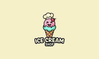 Cute ice cream logo with smiling cone and cherry top vector
