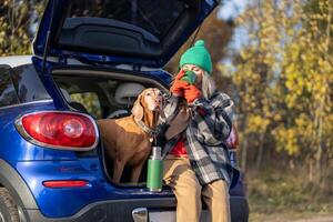 Woman pet owner drinking tea sitting in car trunk with dog enjoying nature in forest on weekend. photo