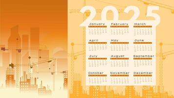 Full calendar for the construction company 2025. illustration on background of buildings and rubble. Modern style design for print. Business vector